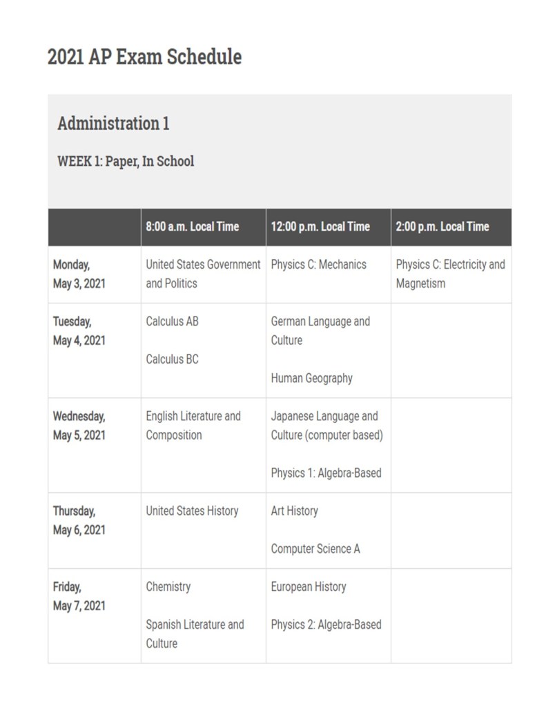 administration 1 week 2 schedule screenshot
